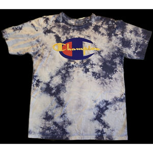 Champion Tie Dye T Shirt Men’s Large Embroidered Logo Cotton Blue White